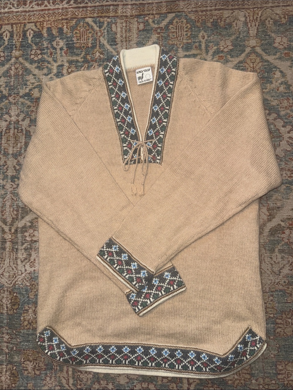 Alpaca Colca 100% Alpaca Wool Beige Fair Isle Trim Knit Sweater Large